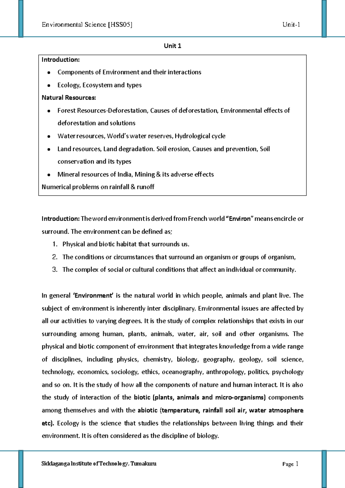 HSS05 Unit 1 - Introduction to Environmental Science: Components ...