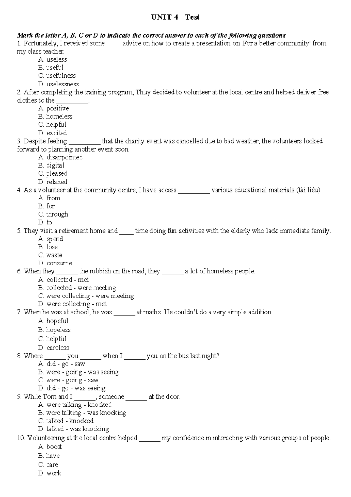 Grade 10 - UNIT 4 Test on Community Service and Volunteerism - Studocu