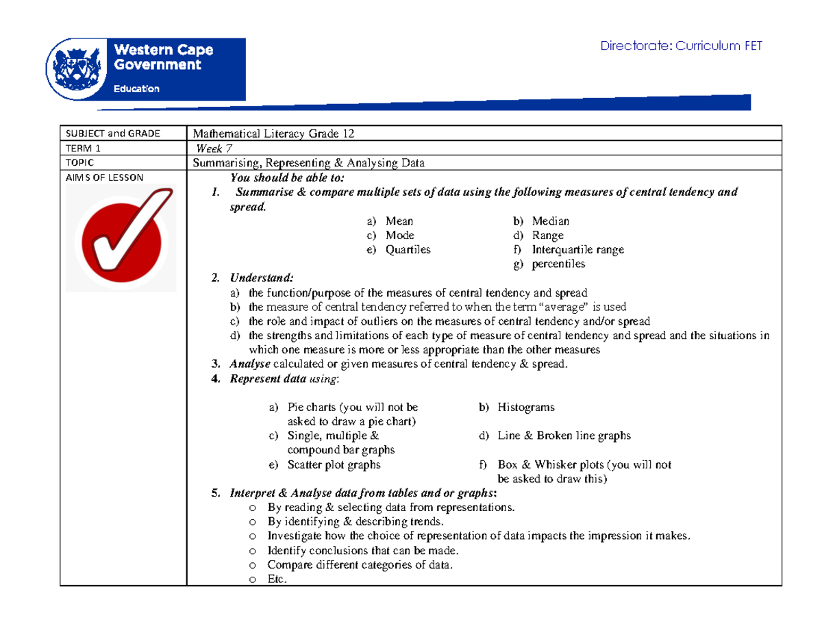 Mathematical Literacy Grade 12 Term 1 Week 7: Data Analysis ...