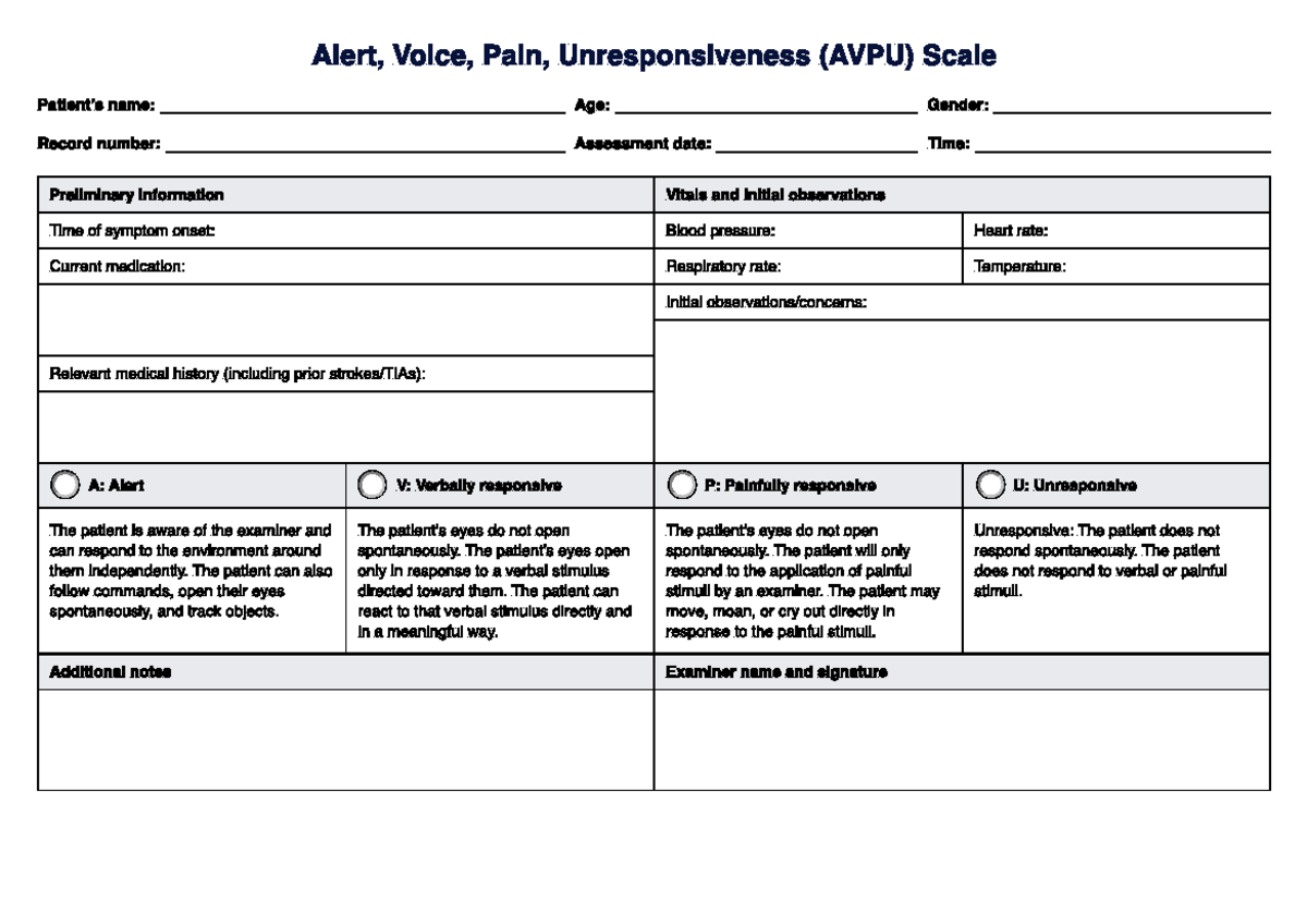 AVPU Scale Assessment Notes - Clinical Documentation - Studocu