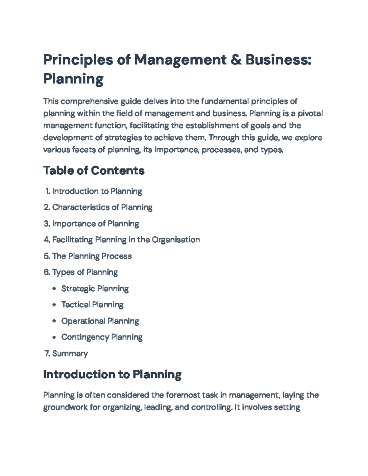 Comprehensive Guide to Planning in Management & Business (MNGT 101 ...