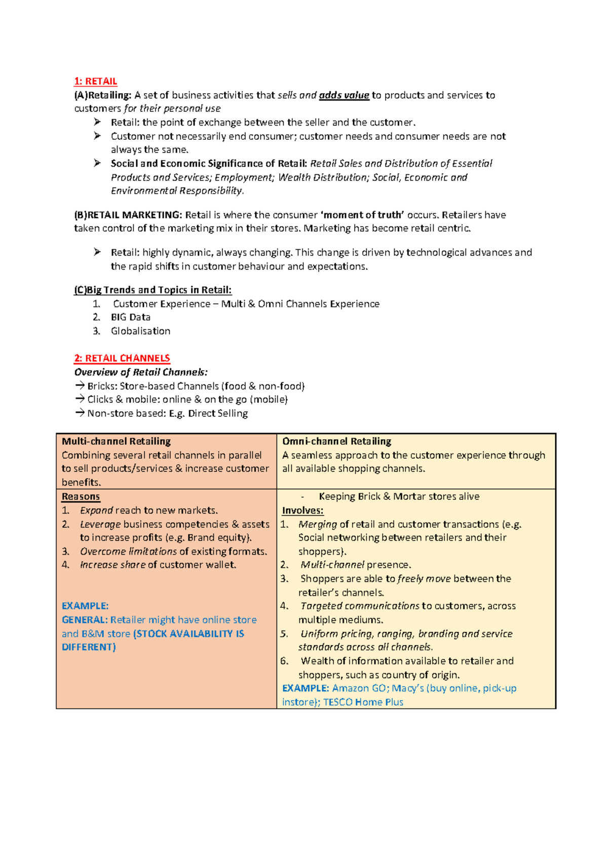 RM EXAM REVISION NOTES [MAIN TOPICS] - 1: RETAIL (A)Retailing: A set of ...