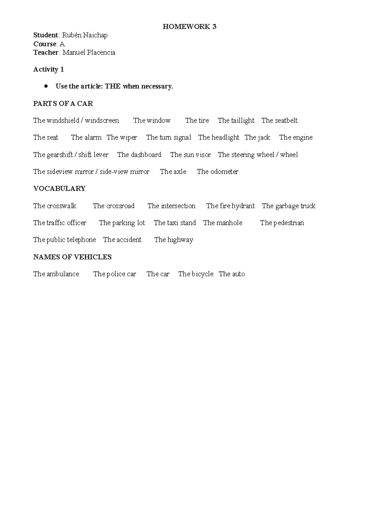 Homework 3 - Parts of a Car and Vocabulary - Studocu