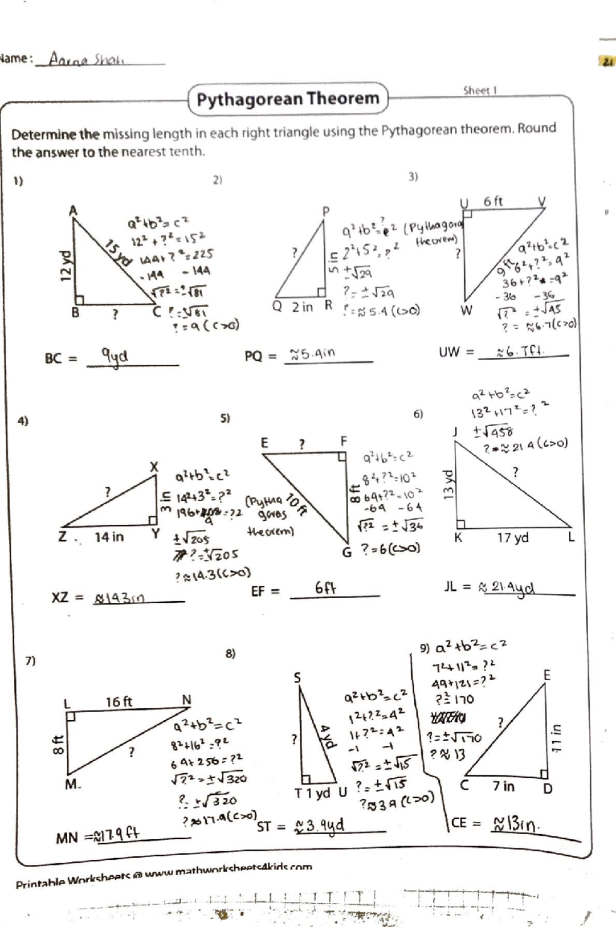 Pythagorean Theorem Practice Worksheet (2021-08-02) - Studocu