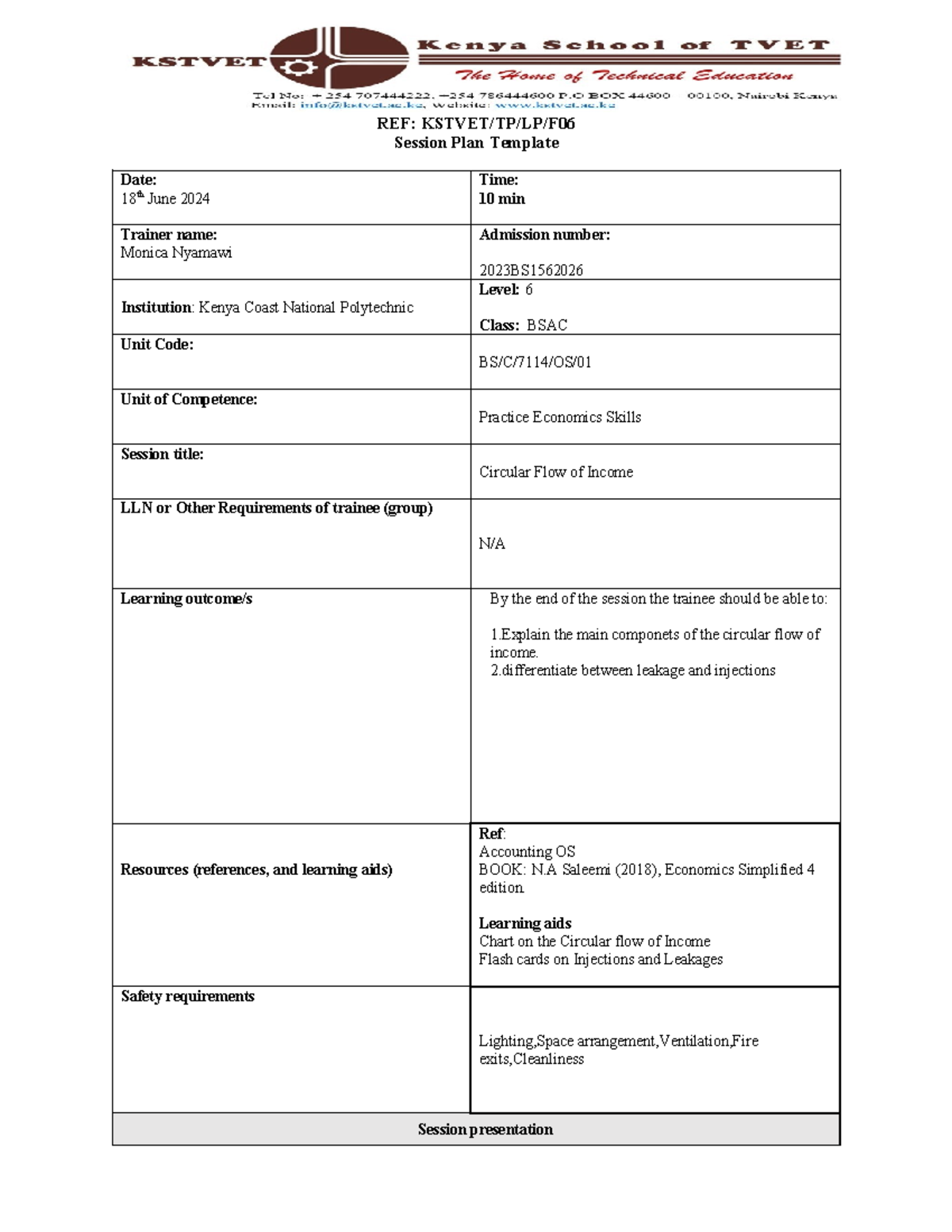 BSAC Level 6 Session Plan: Circular Flow of Income Overview - Studocu