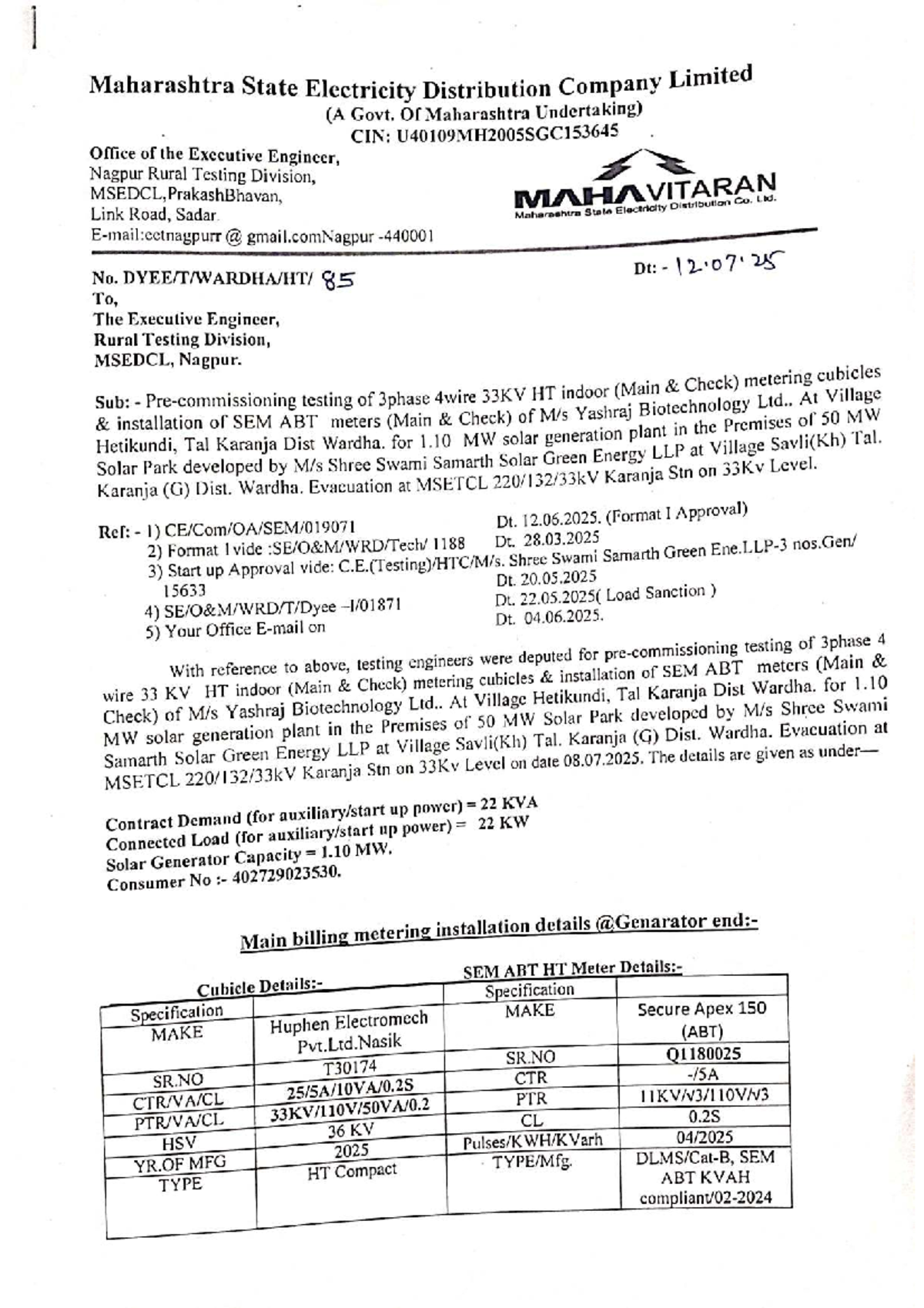 MSEDCL 33KV HT Metering Installation Report - Yashraj Biotech - Studocu