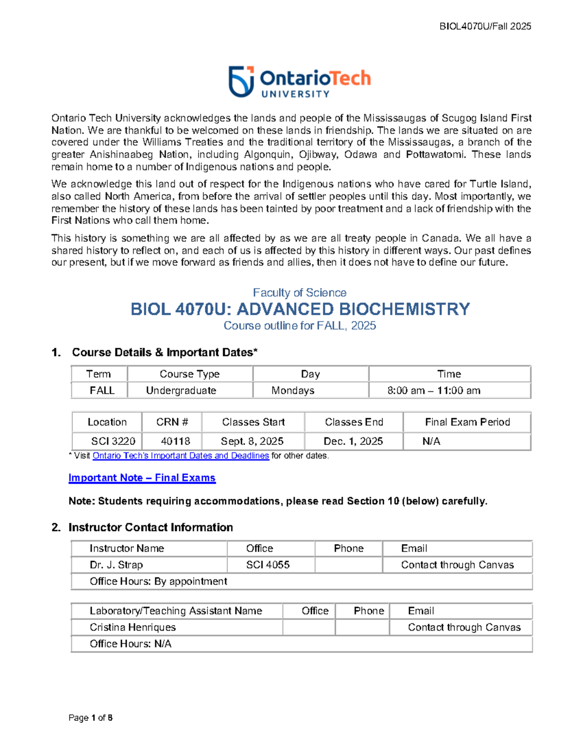 Syllabus for BIOL 4070U: Advanced Biochemistry - Fall 2025 - Studocu