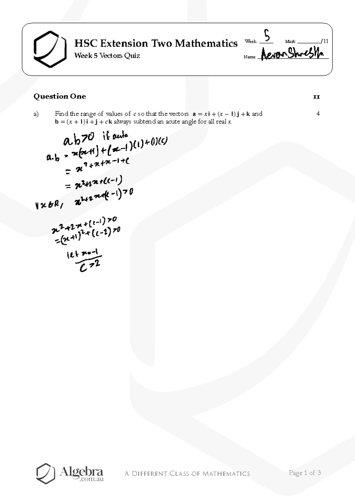 HSC Extension 2 Mathematics Week 5 Vectors Quiz - Studocu