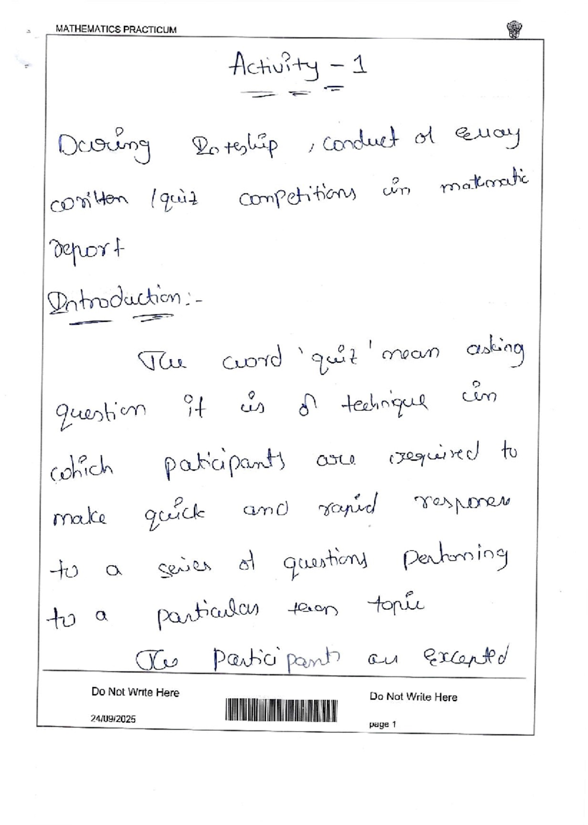 MATHEMATICS PRACTICUM - Activity 1: Practical Record and Insights - Studocu