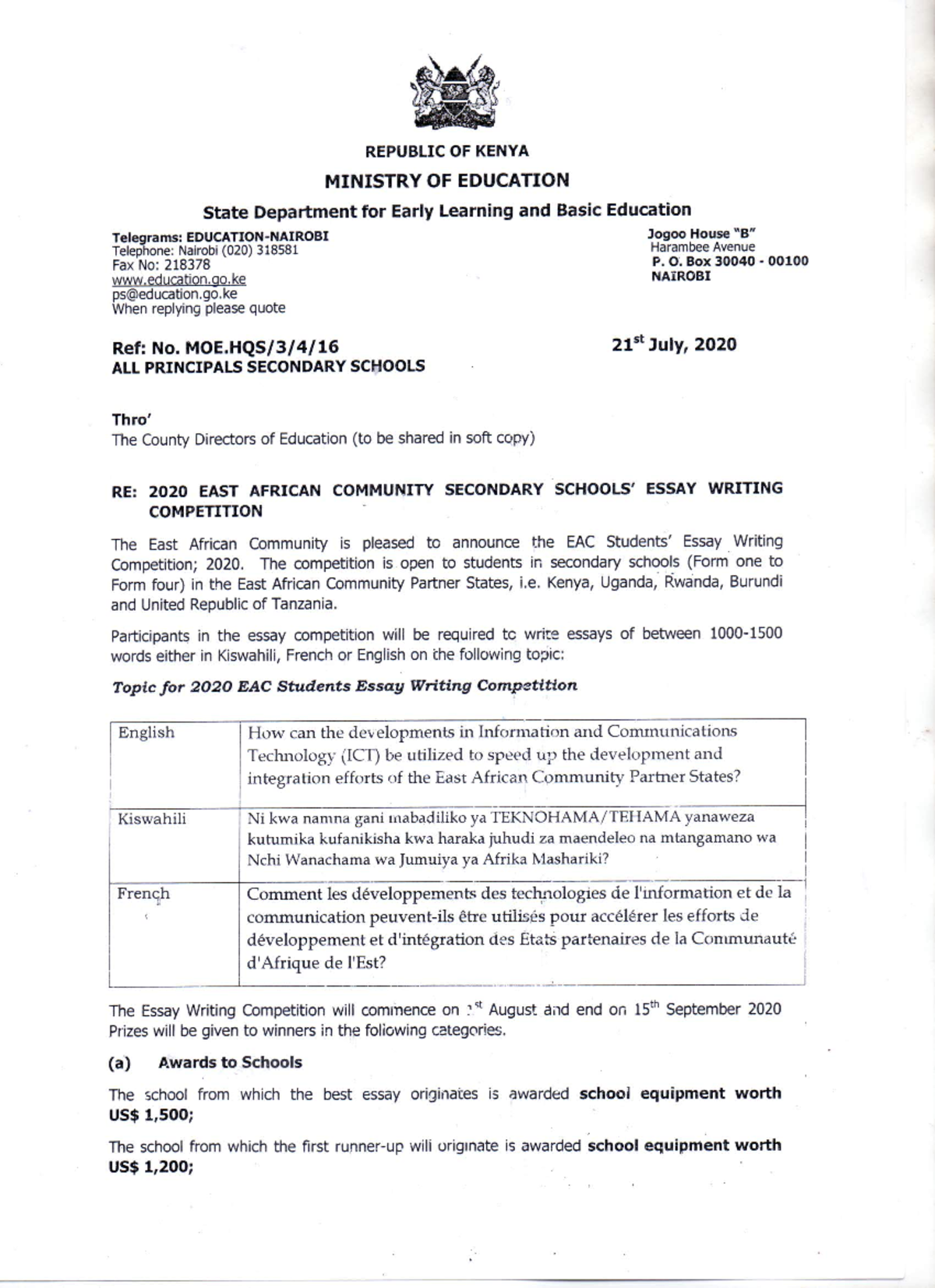 2020 EAC Secondary Essay Writing Competition - REPUBLIC OF KENYA ...