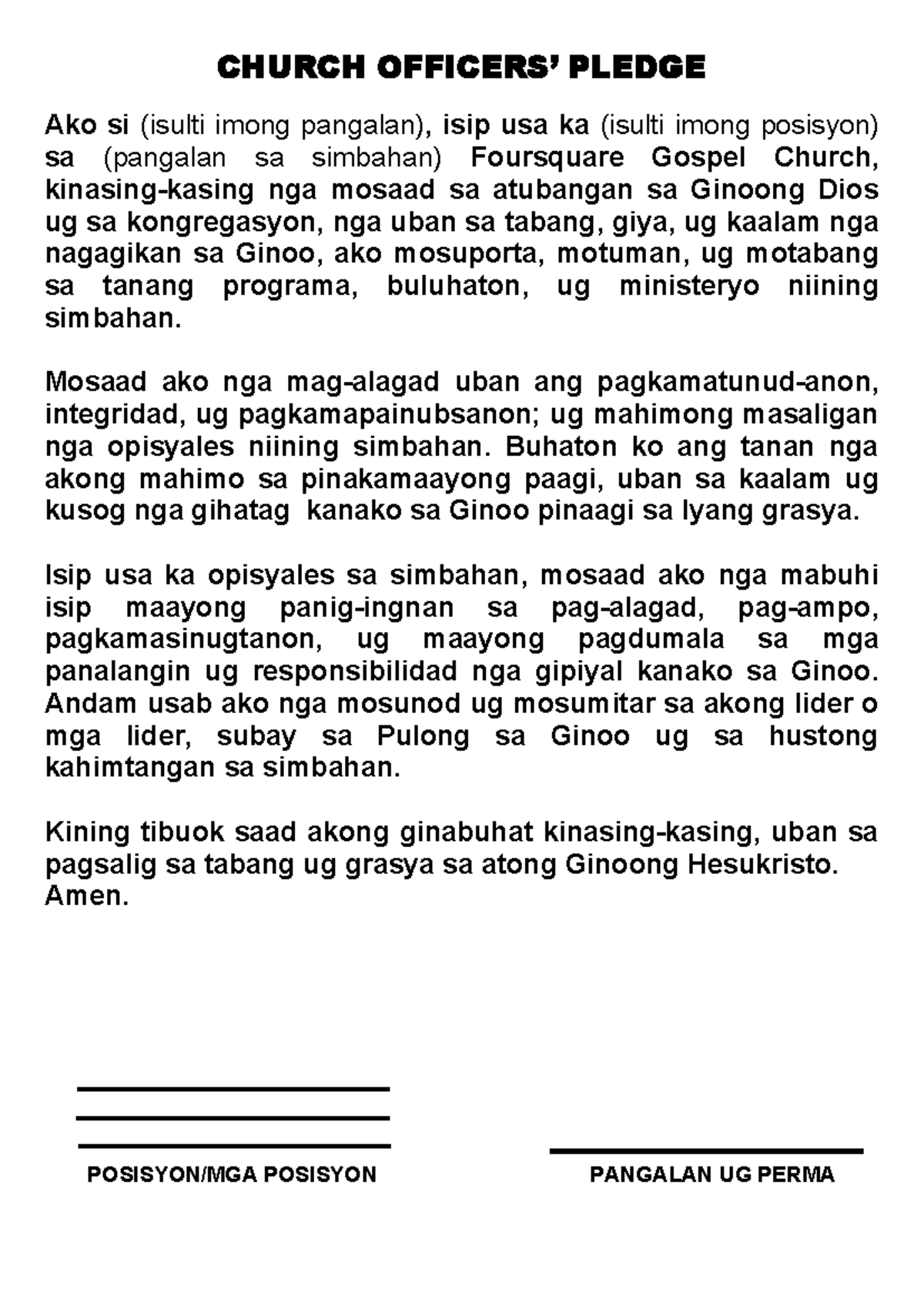 CHURCH PLEDGE: Commitment Statement for Foursquare Gospel Church - Studocu