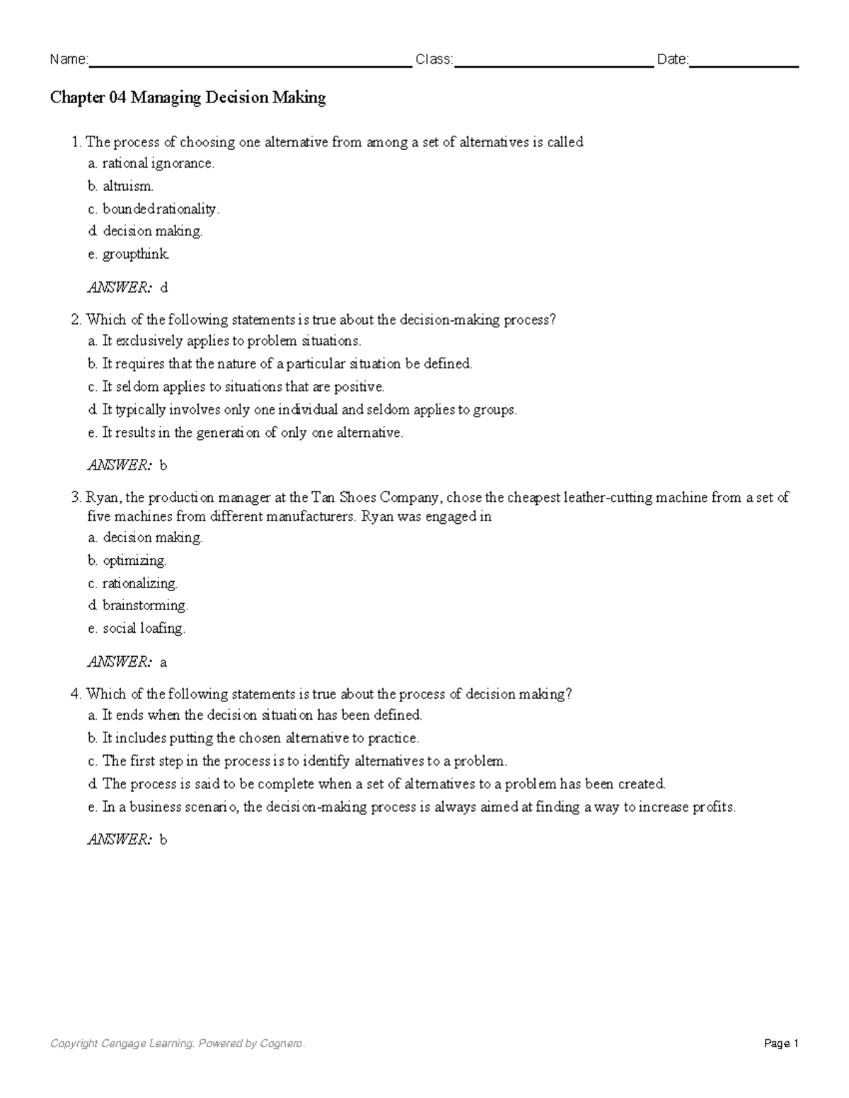 Chapter 04: Managing Decision Making Insights and Quiz Questions - Studocu