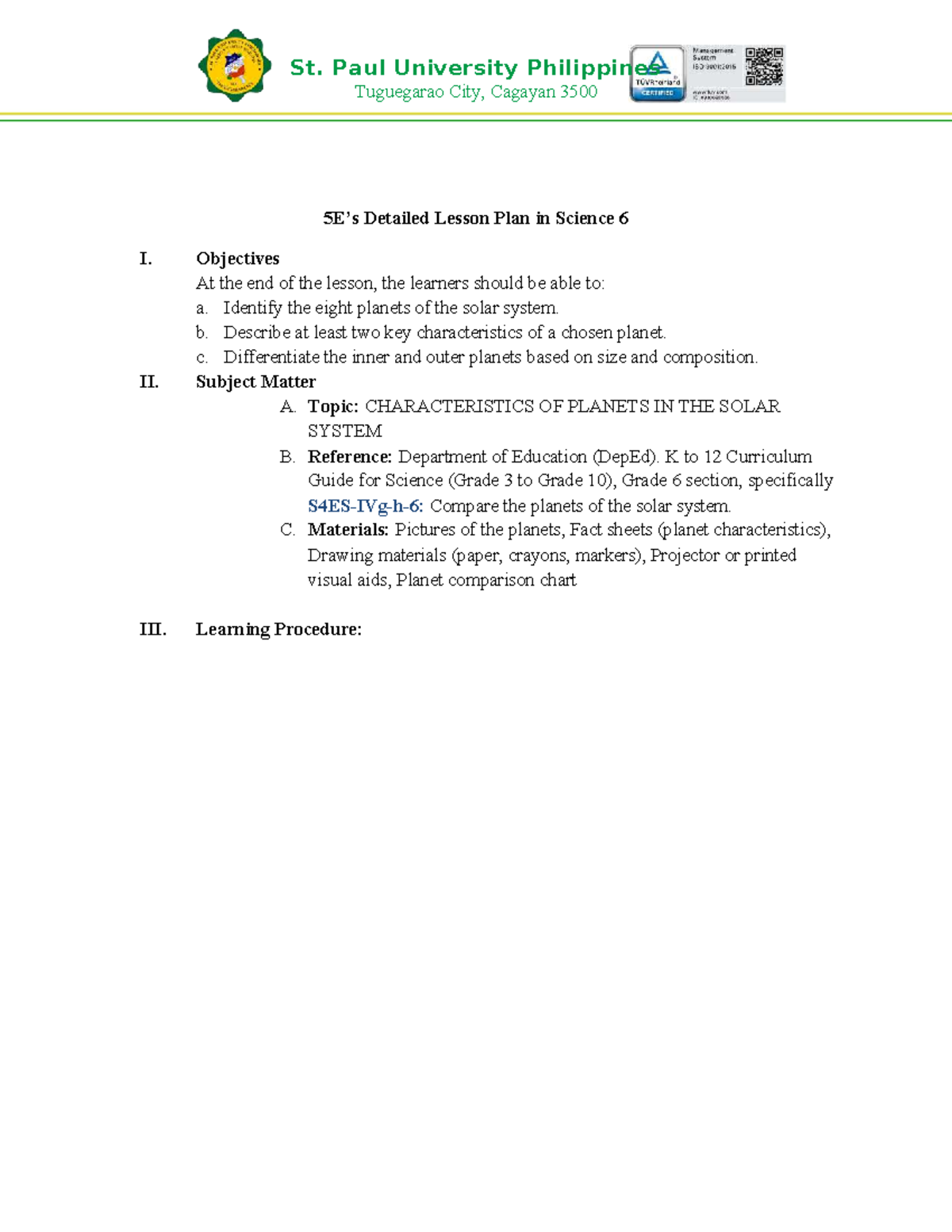 Final Demo Lesson Plan in Science 6: Characteristics of Planets - Studocu