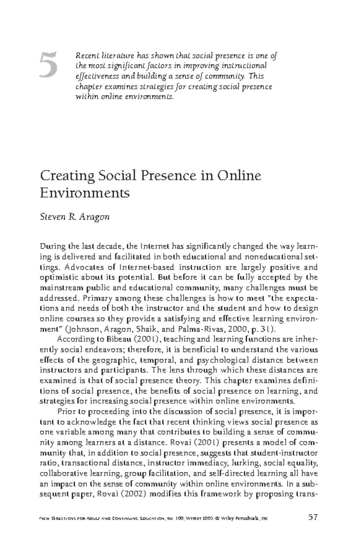 Creating Social Presence in Online Learning Environments (EDUC 100 ...