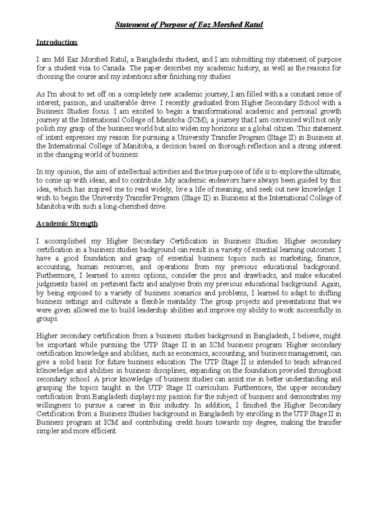 MSc Human Resource Management Statement of Purpose - Ehsanur Rahman ...