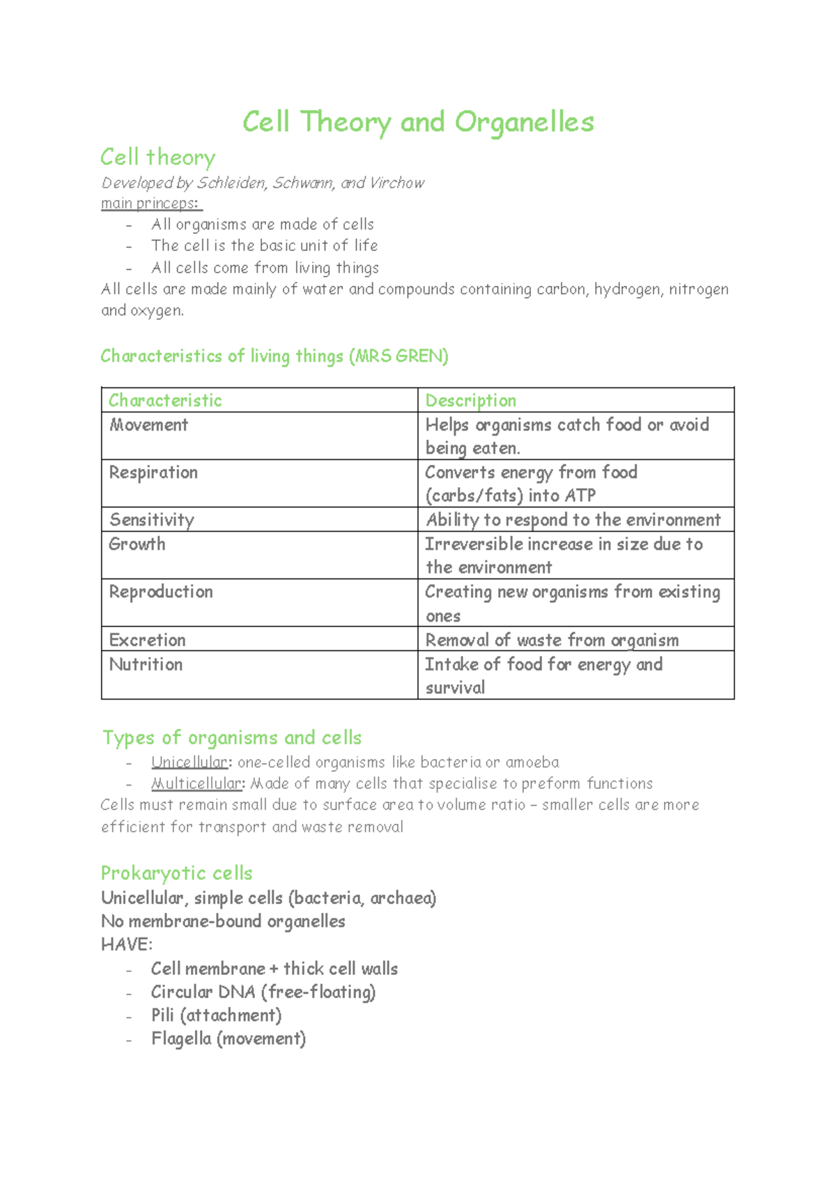 Cell Theory & Organelles Summary: Key Concepts & Characteristics - Studocu
