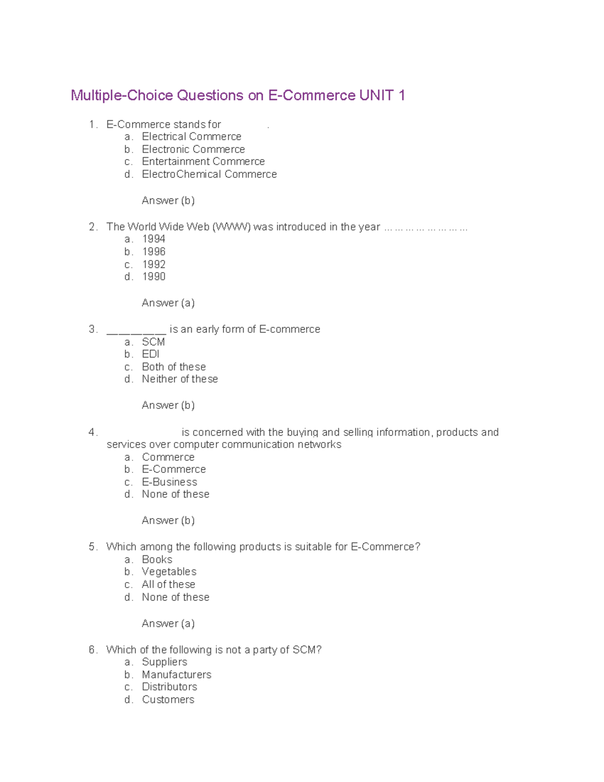 E-Commerce MCQ Practice - Quiz for E-Commerce Unit 1 - Studocu