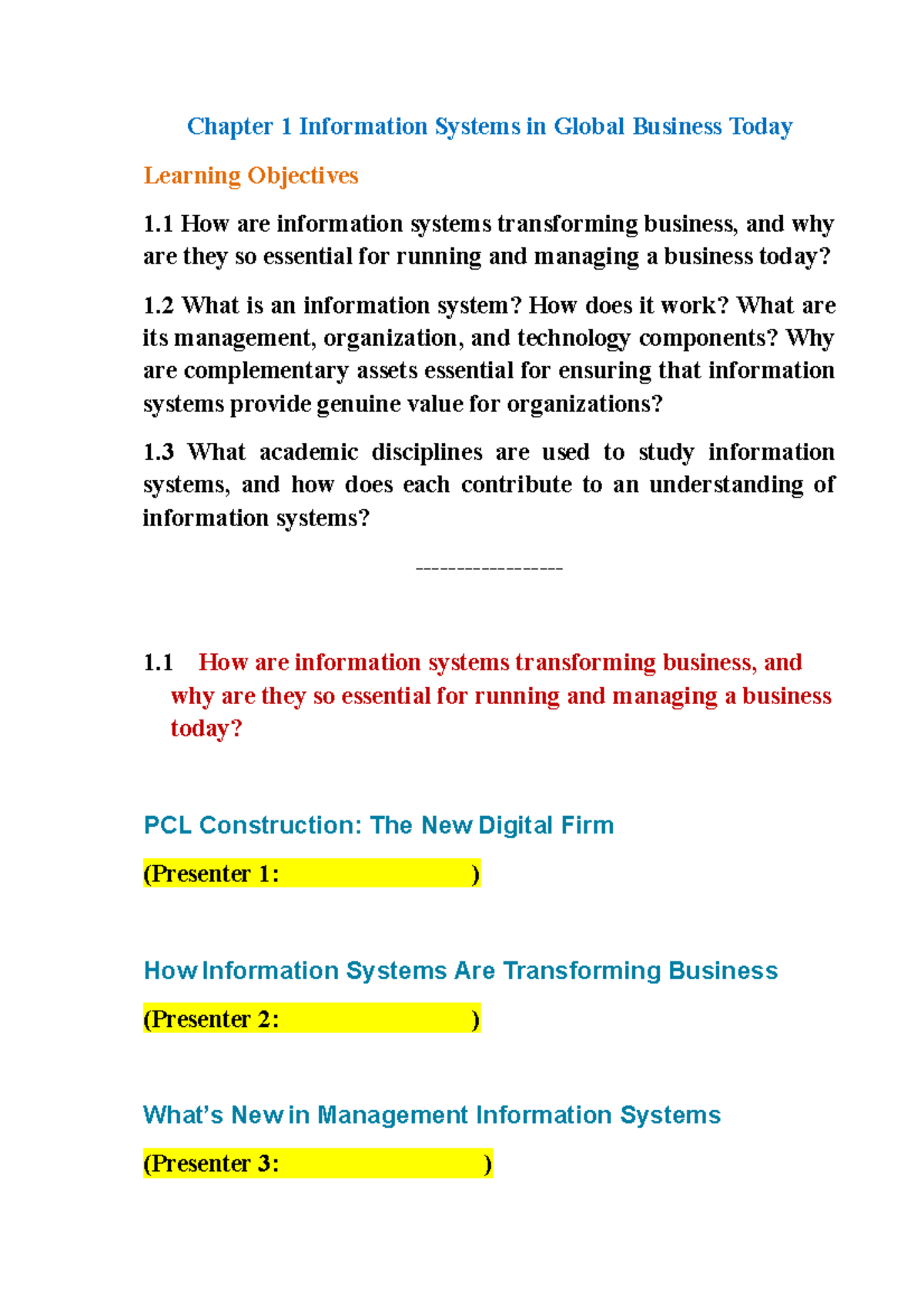 Assignments - Chapter 1 - Chapter 1 Information Systems in Global ...