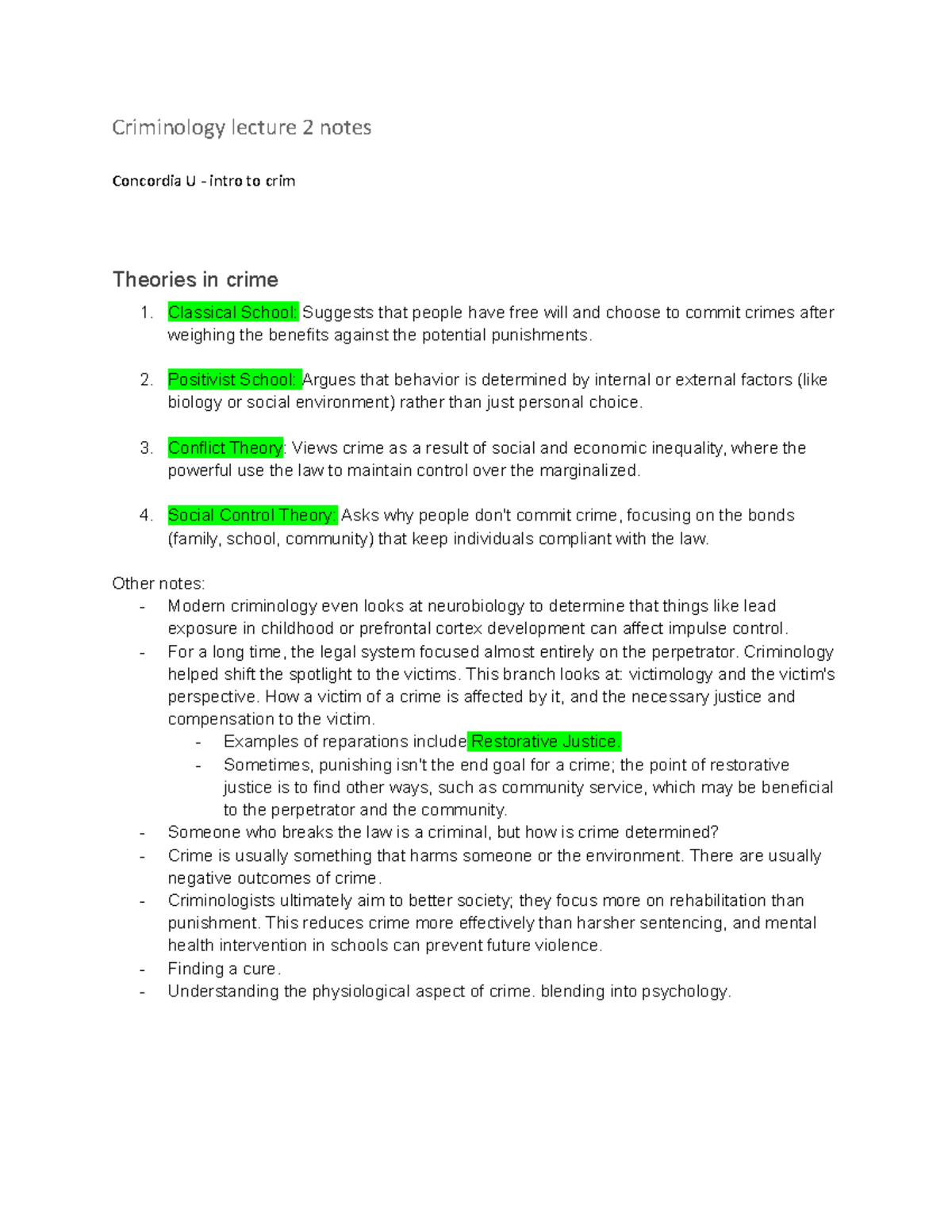 Criminology Lecture 2 Notes (CRIM) - Theories of Crime and Victimology ...