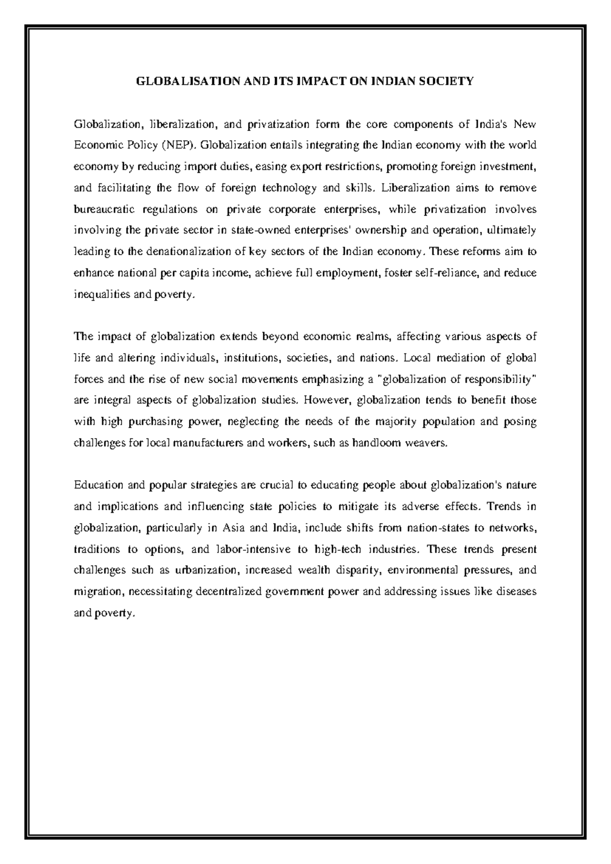 GLOBALISATION AND ITS IMPACT ON INDIAN SOCIETY: A Comprehensive Study ...
