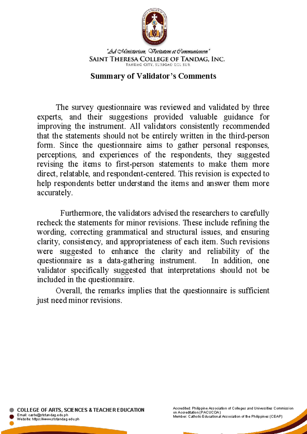 Summary of Validator Comments on Questionnaire Revisions - Studocu