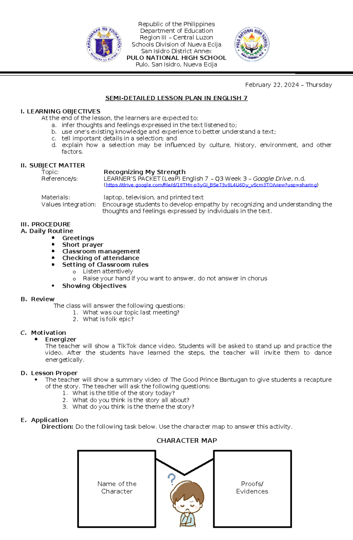 W3D4 Eng9Q3 - Semi-Detailed Lesson Plan on Recognizing My Strength ...