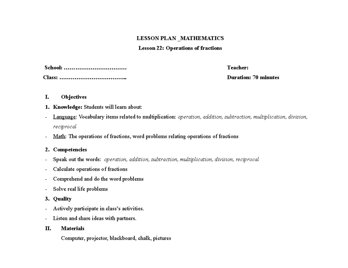 Giáo án toán TA operation of fraction - LESSON PLAN _MATHEMATICS Lesson ...