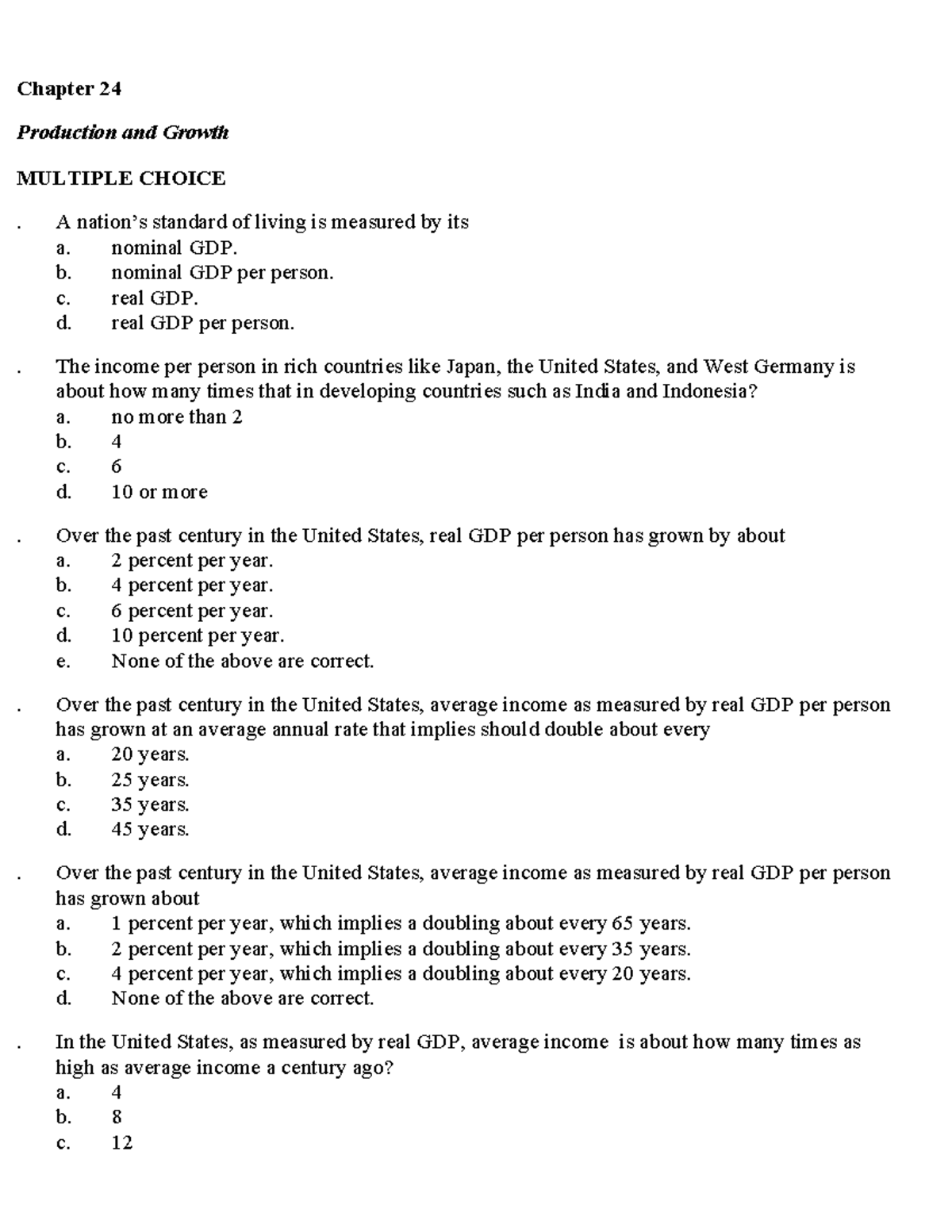 Chap 24 mcqs - www - Chapter 24 Production and Growth MULTIPLE CHOICE ...