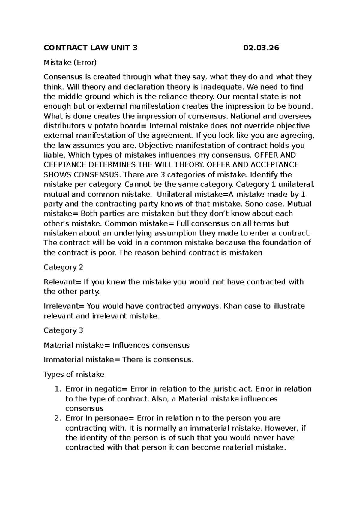Contract Law Unit 3: Mistakes and Consensus Explained - Studocu
