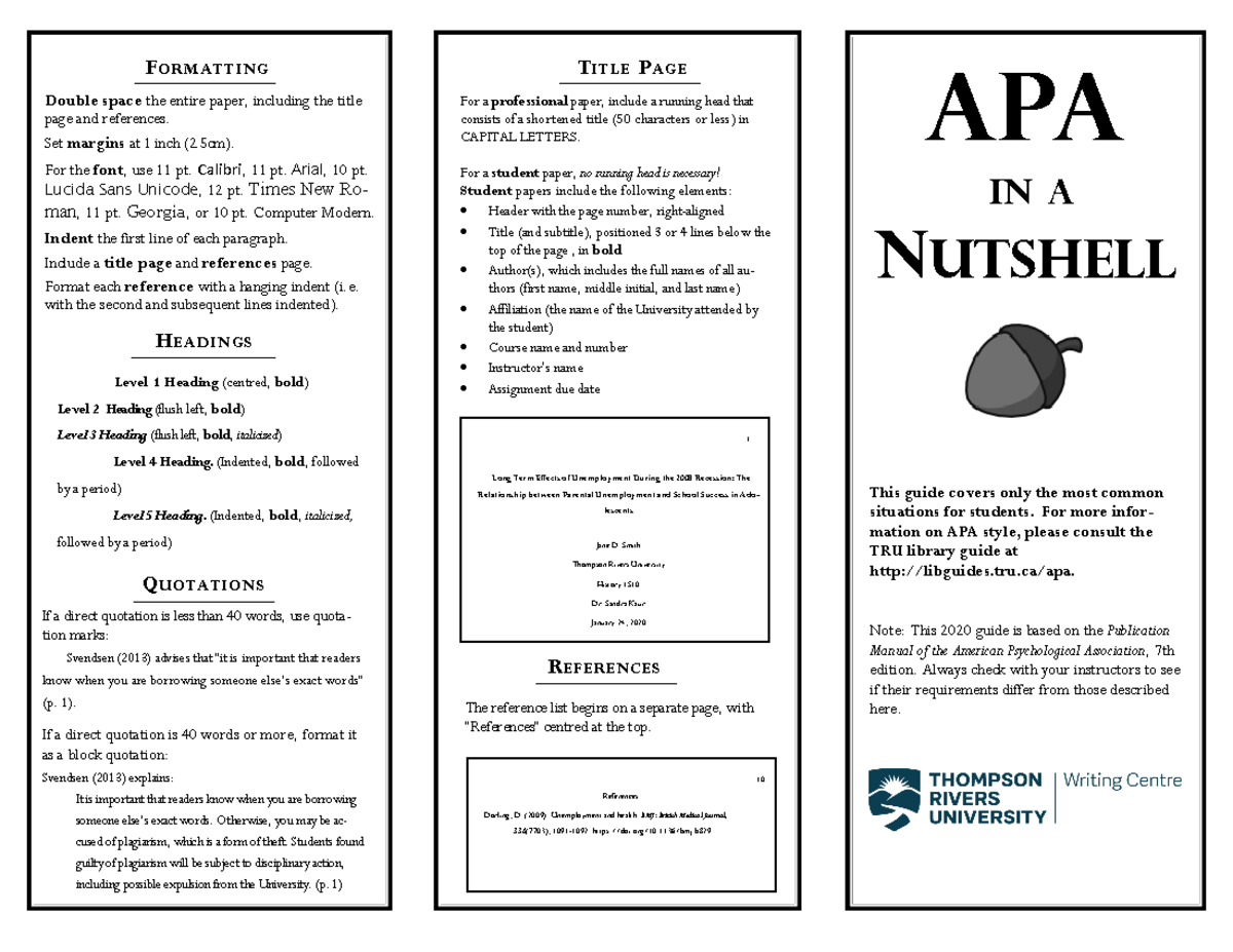 APA Style Cheat Sheet - APA IN A NUTSHELL Double space the entire paper ...