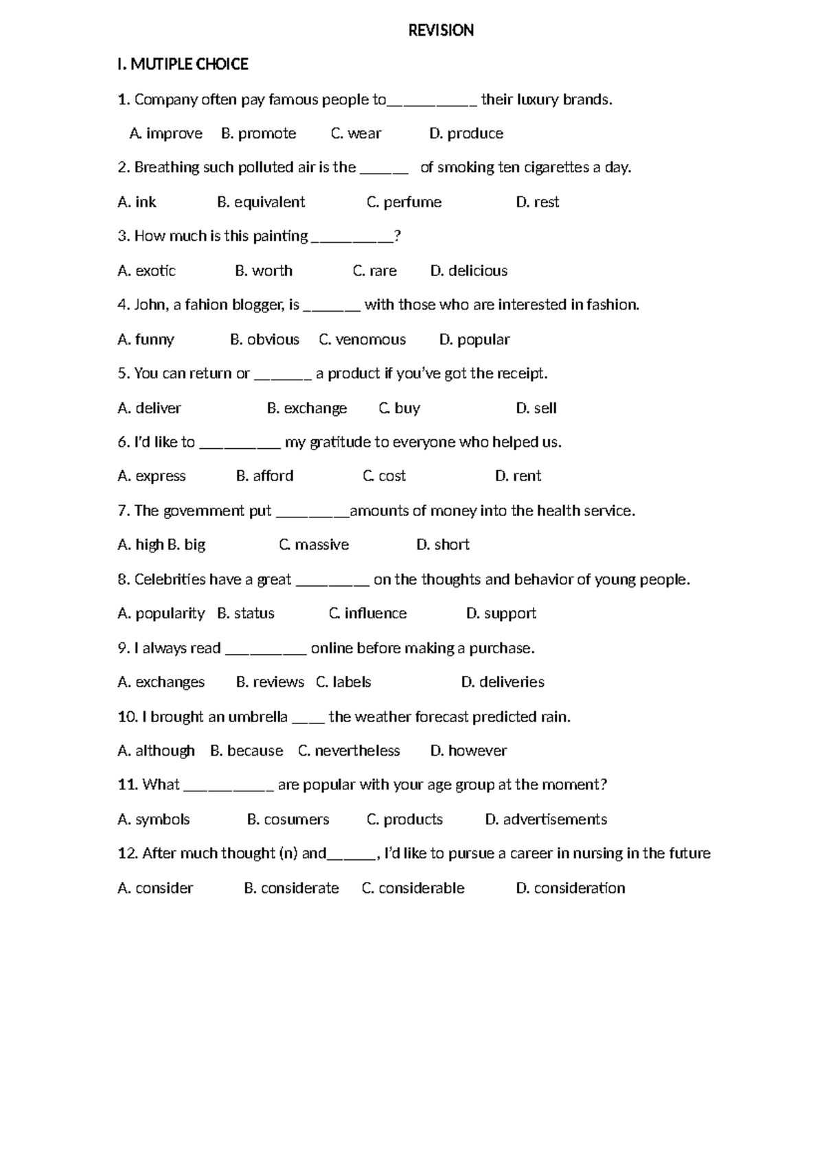 Grade 9 Rewrite Practice: Multiple Choice & Sentence Transformation ...