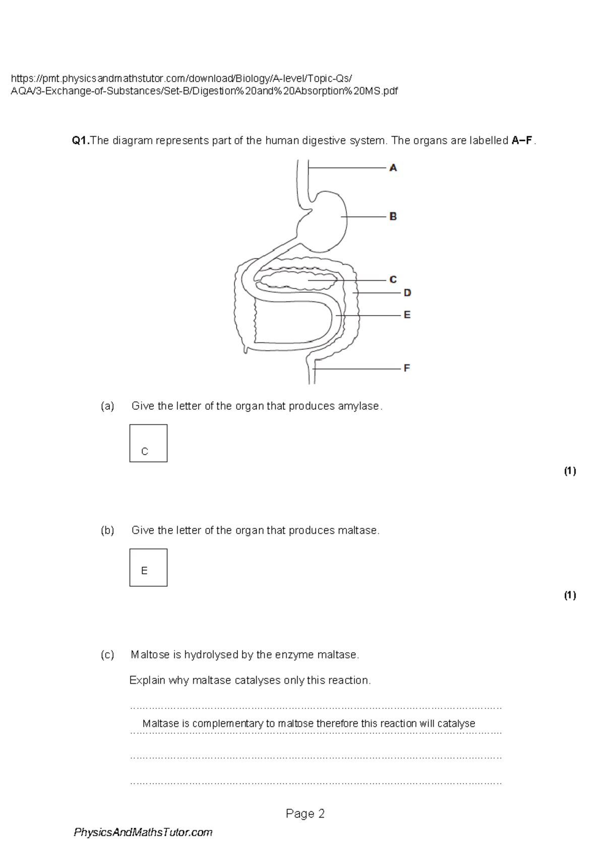 Digestion and Absorption QP - Page 2 Q1 diagram represents part of the ...