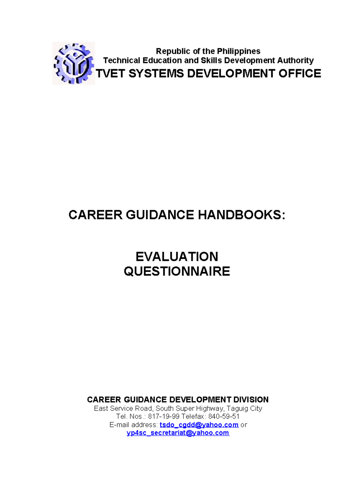 2nd CGH Evaluation Questionnaire for Career Guidance Handbook - Studocu