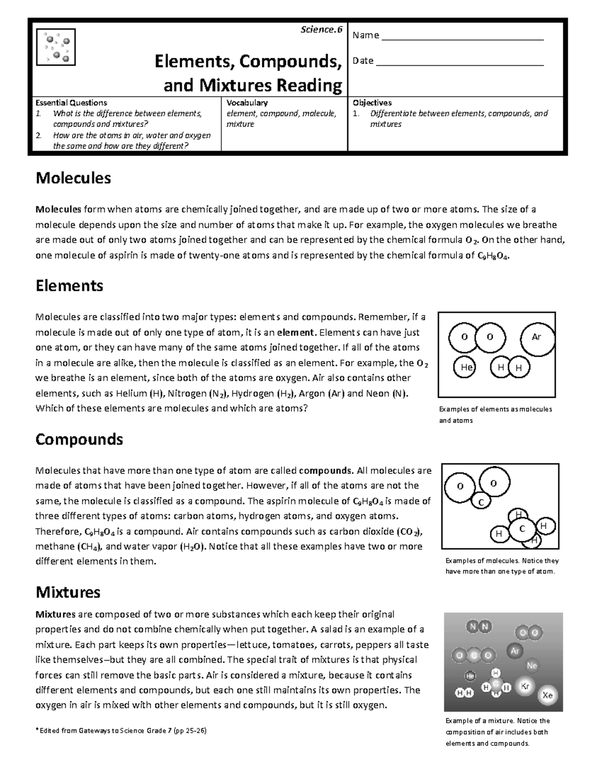 Science.6 Elements, Compounds, and Mixtures: Key Concepts and Questions ...