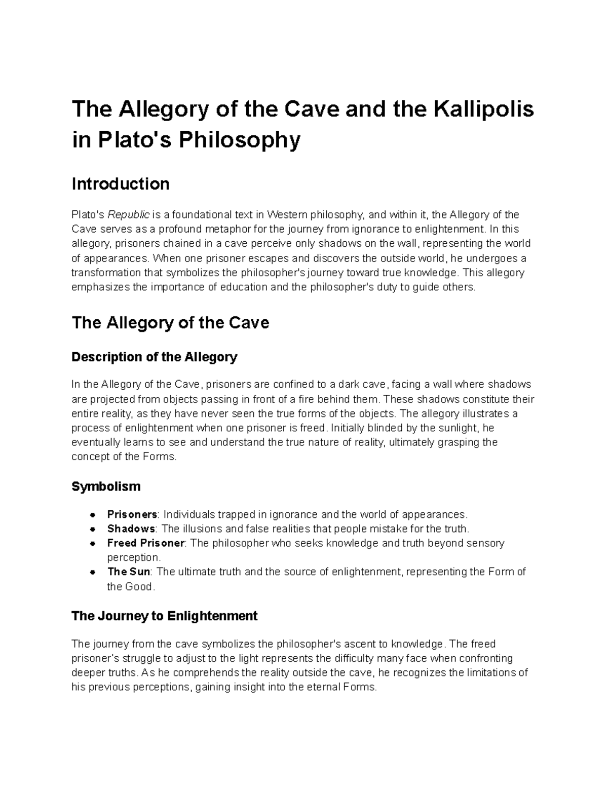 Plato's Allegory of the Cave & Kallipolis: Insights from Republic - Studocu