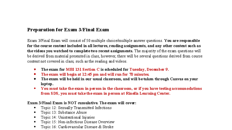 Preparation Guide for MBI 131 Final Exam on Health Topics - Studocu