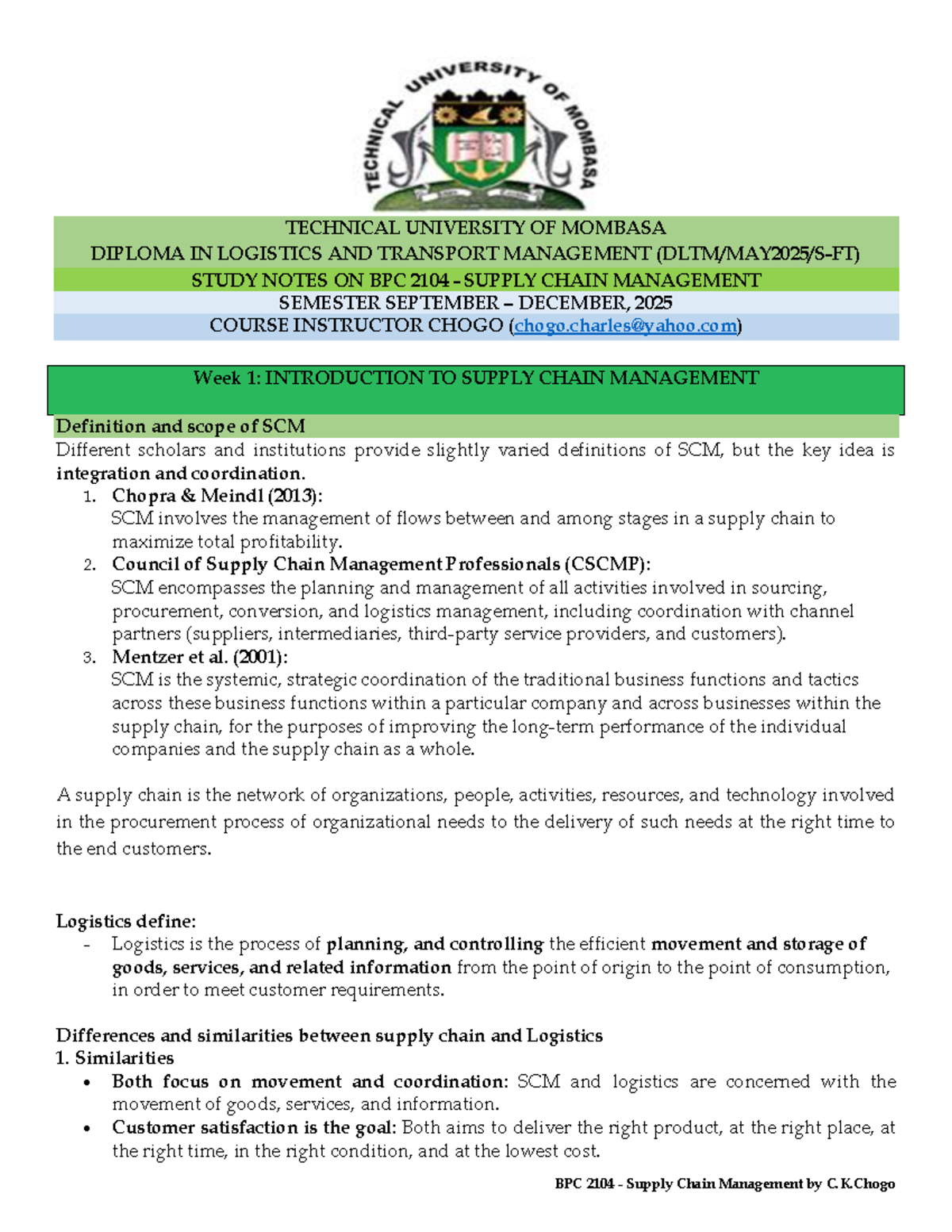 BPC 2104 Supply Chain Management Study Notes: Weeks 1-7 Overview - Studocu