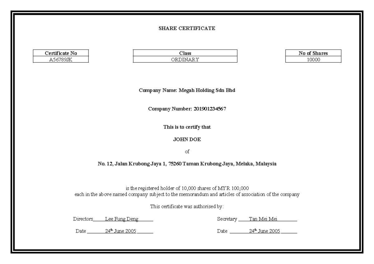 Share-Certificate-Template 1 - SHARE CERTIFICATE Certificate No Class ...
