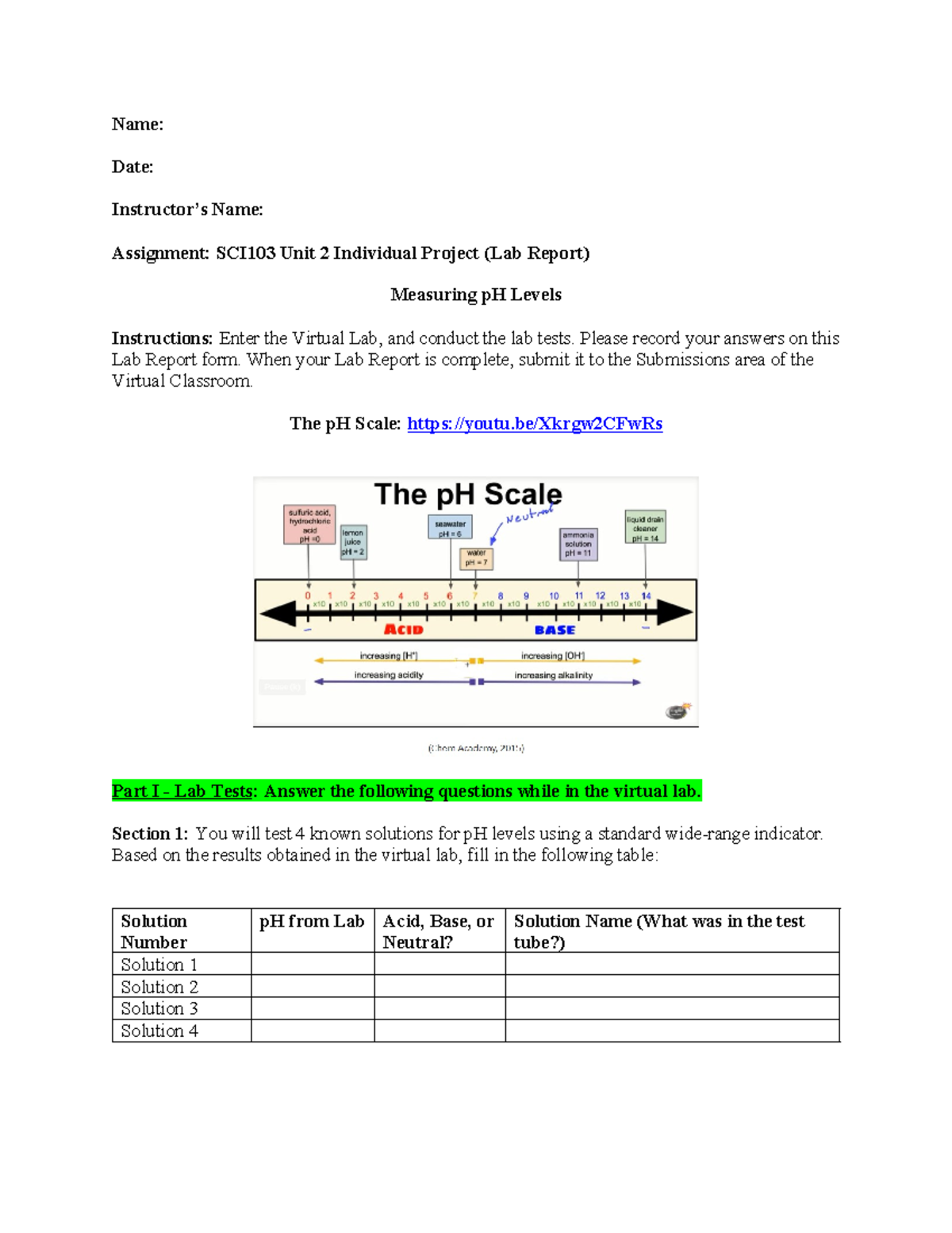 SCI103 Unit 2 pH Lab Report and Analysis - Studocu