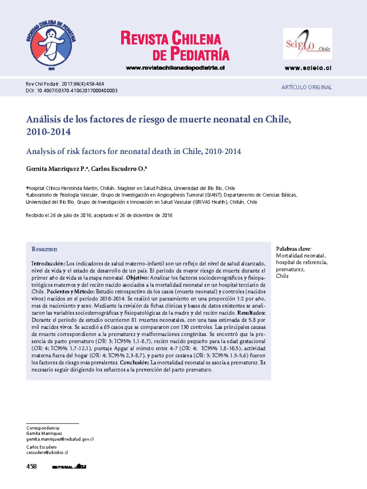 Factores de Riesgo de Muerte Neonatal en Chile: Análisis Retrospectivo ...