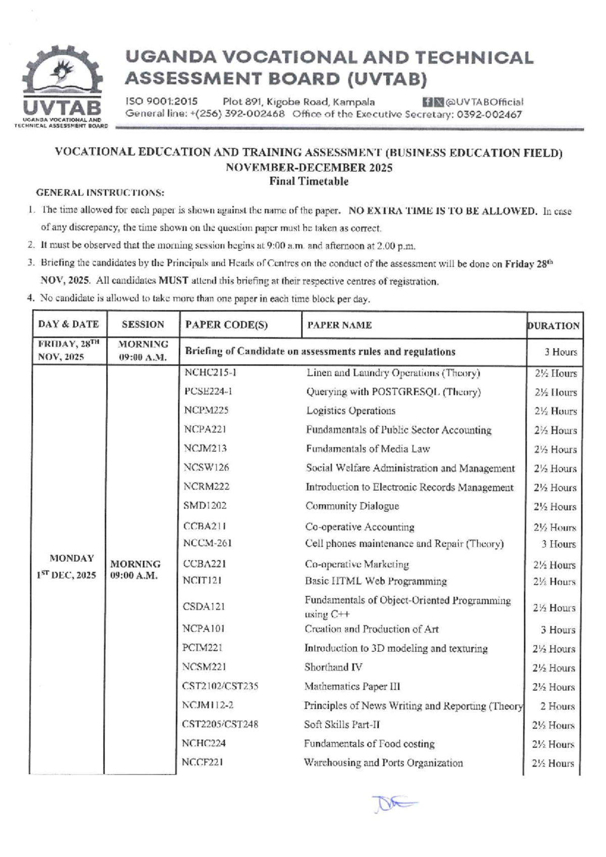 UVTAB 2025 Final Timetable for Vocational Education Assessments - Studocu