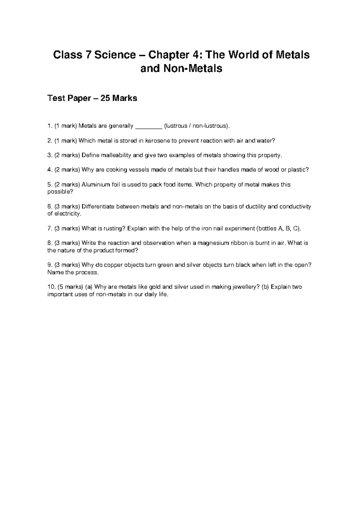 Class 7 Science Chapter 4: Metals Test Paper (25 Marks) - Studocu