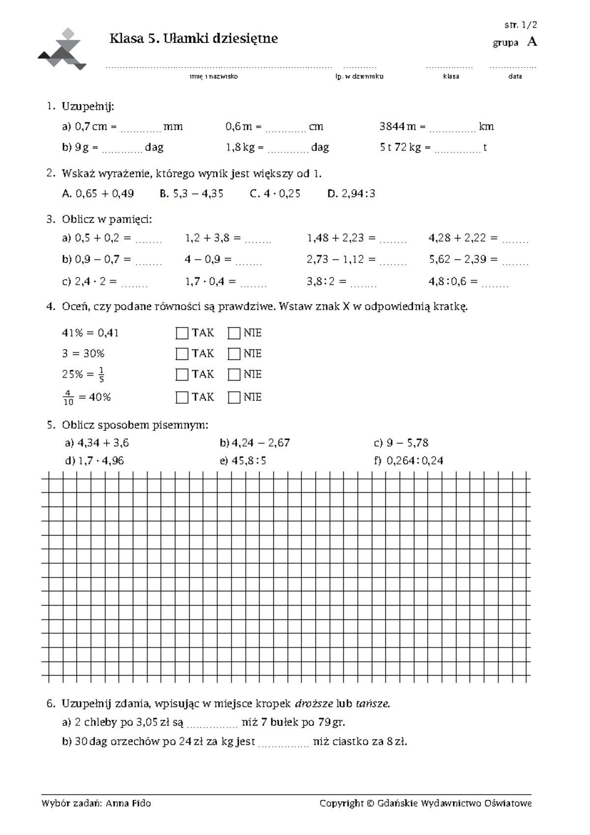 Ulamki Zwykle Sprawdzian Wiadomosci Kl 5 www.studocu.com