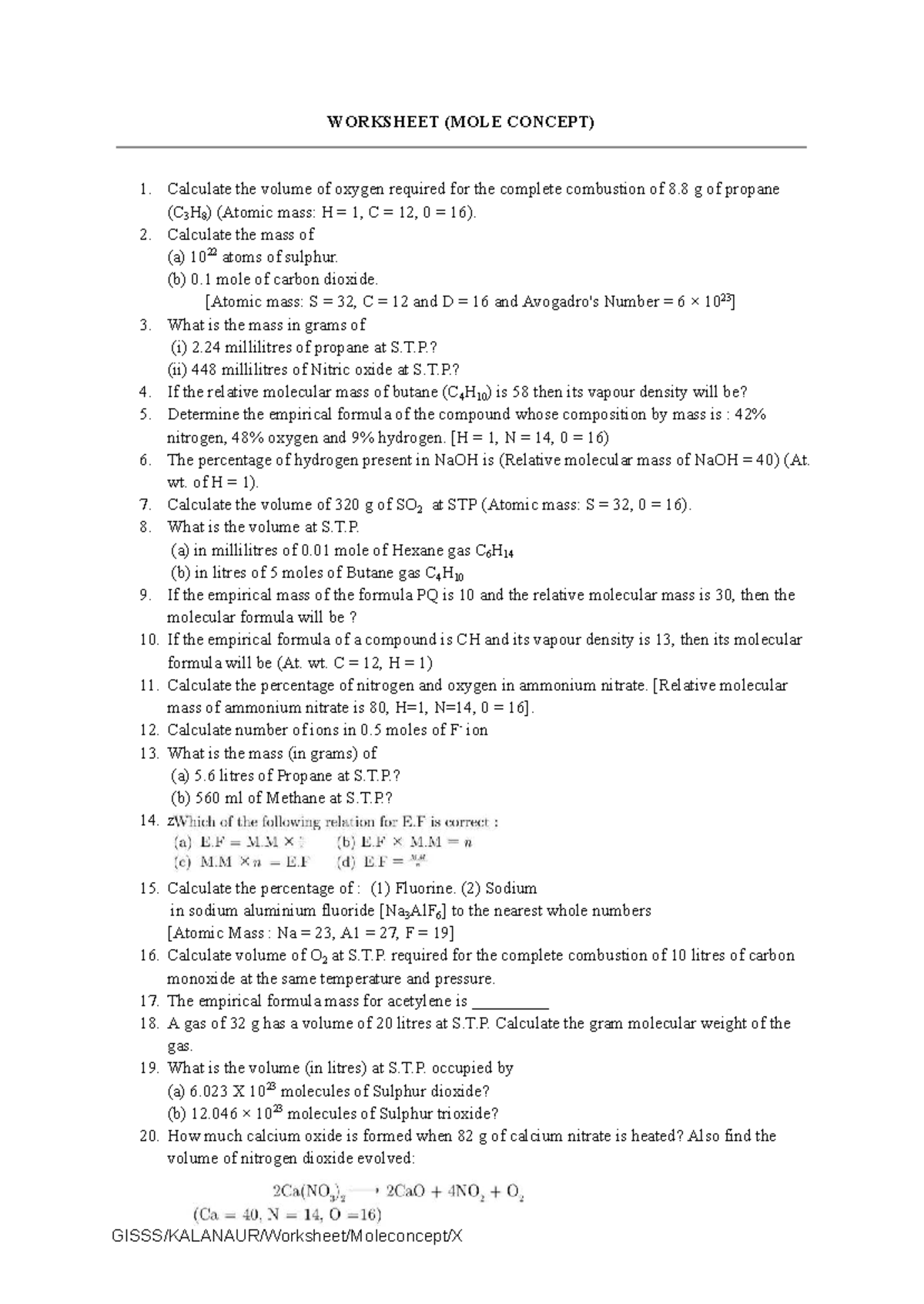 Mole Concept Worksheet: Calculations and Empirical Formulas - Studocu