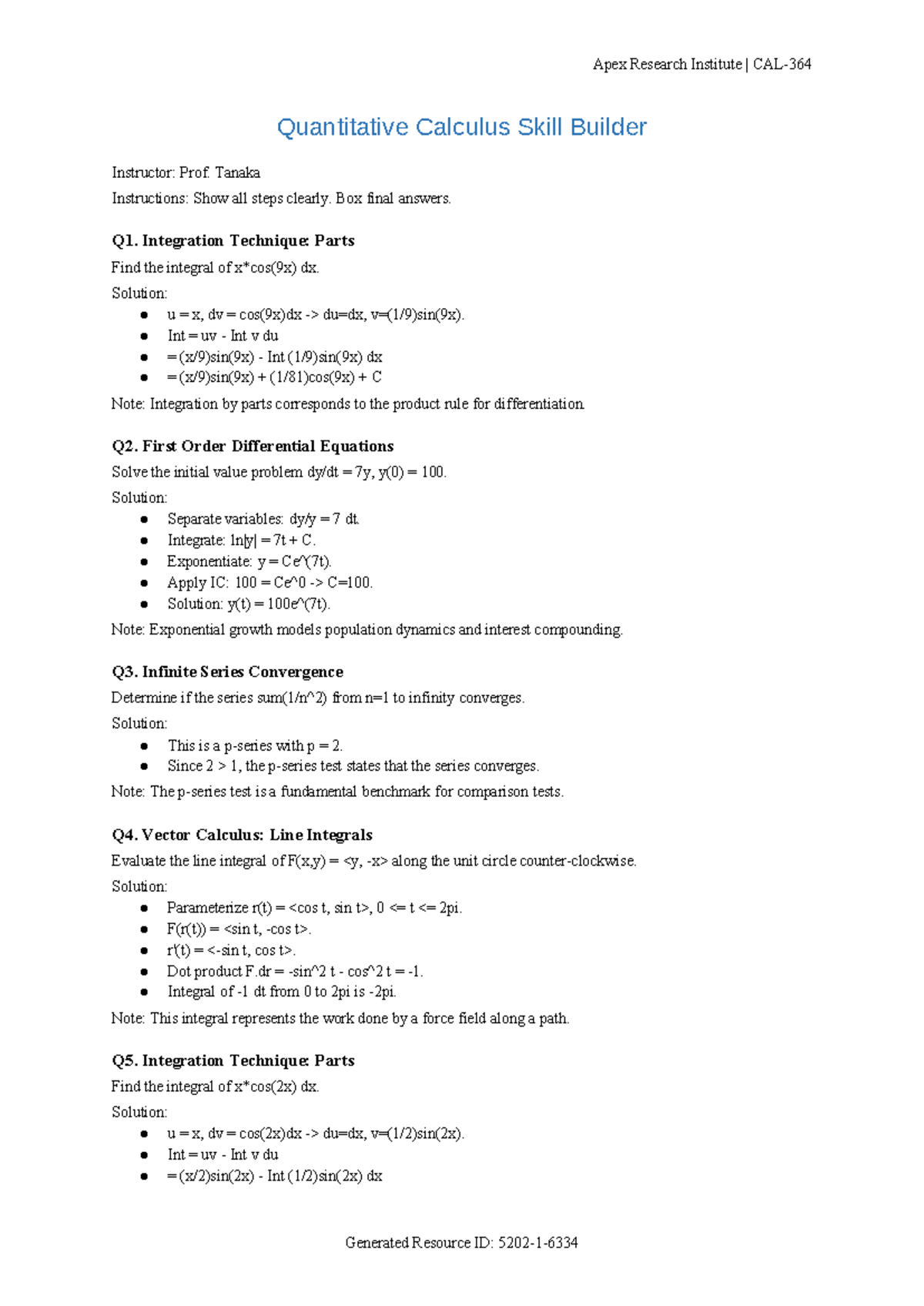CAL-364 Quantitative Calculus Skill Builder: Integration & Vector ...