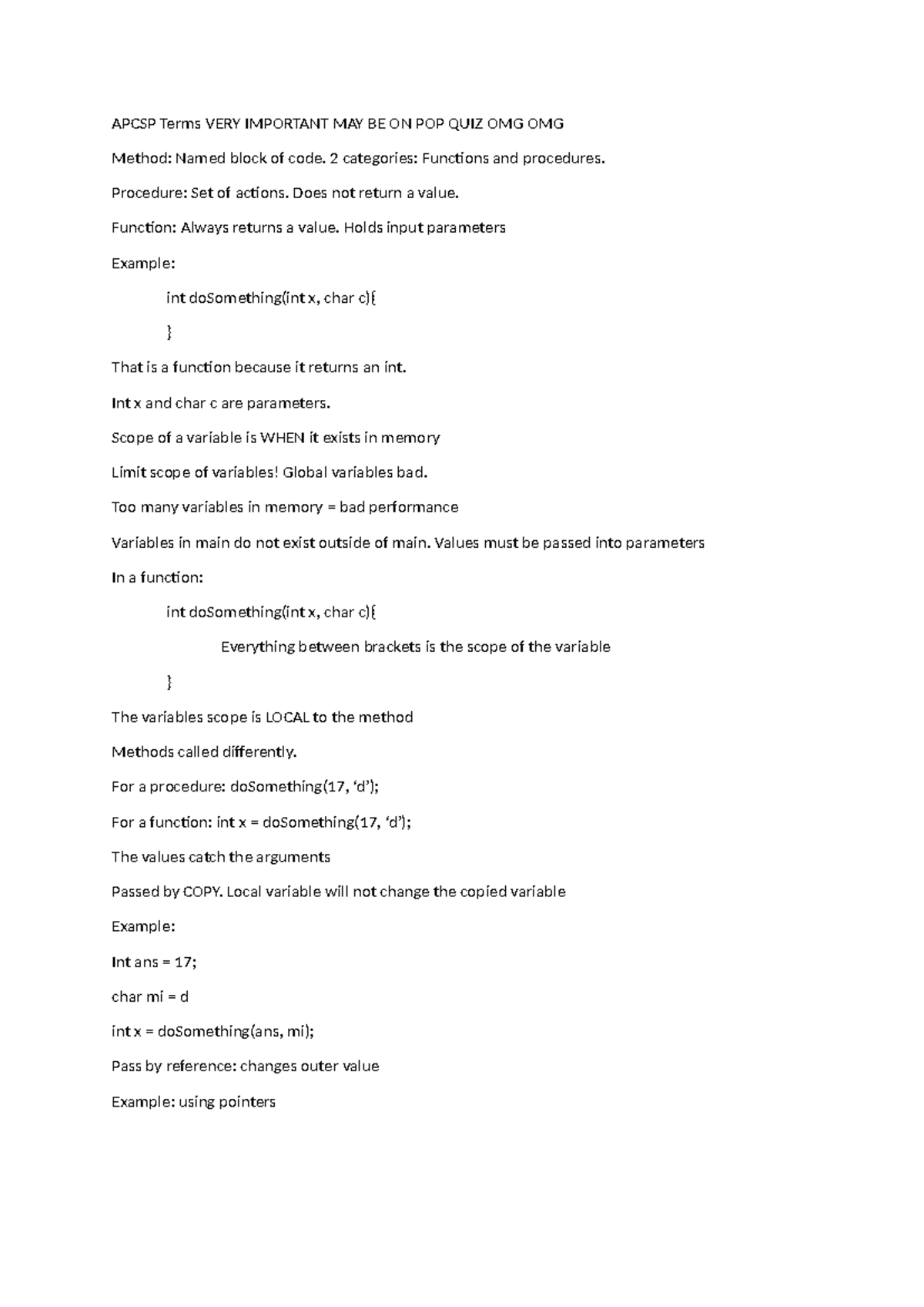 APCSP Important Notes on Functions & Procedures for Pop Quiz - Studocu