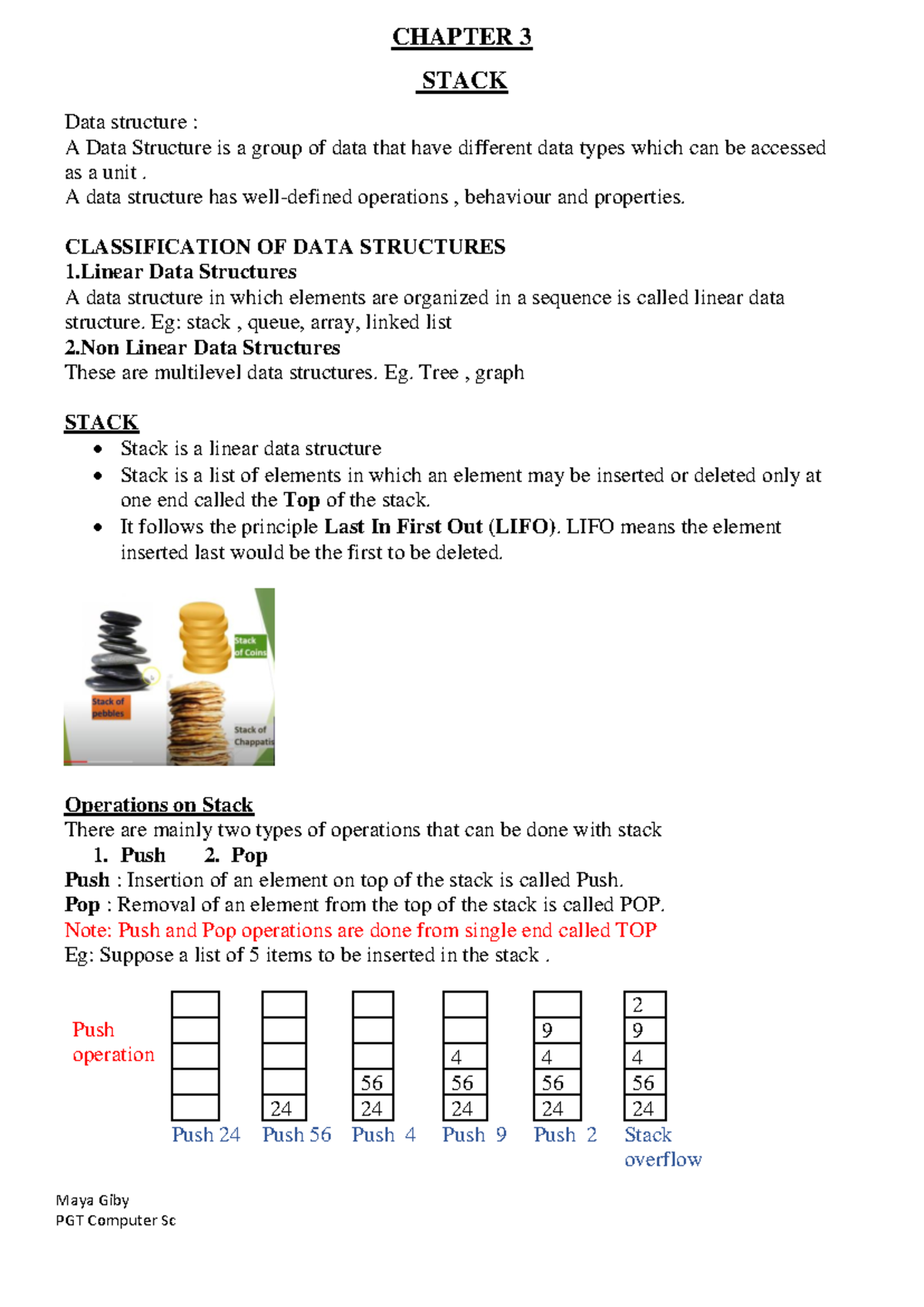 Stack - Maya Giby PGT Computer Sc CHAPTER 3 STACK Data structure : A ...