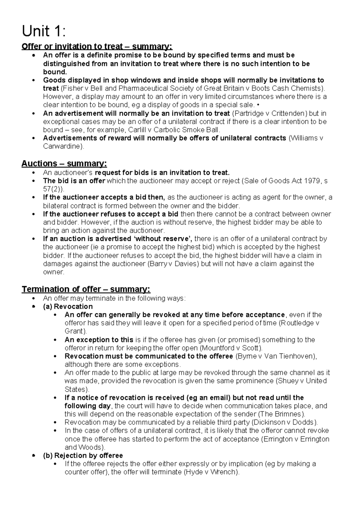 Unit 1 & 3: Contract Law Summaries on Offers, Acceptance, and Implied ...