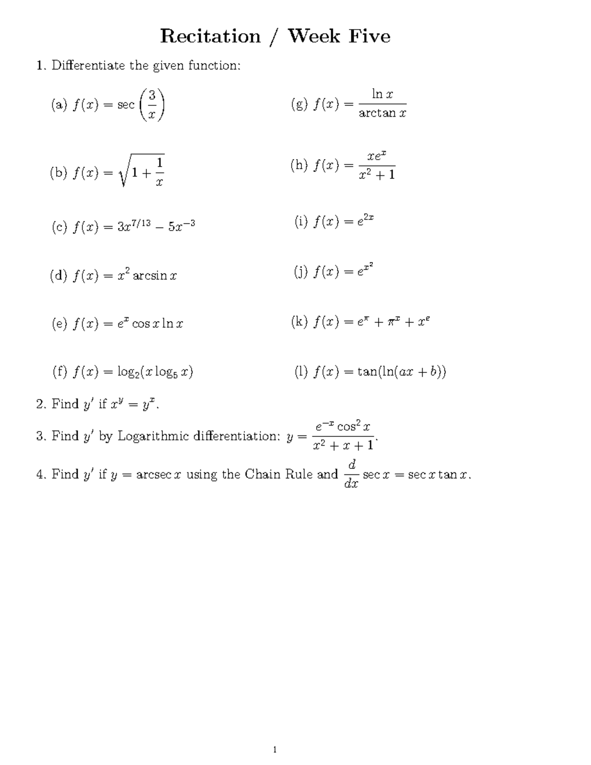 Recitation Week 5: Differentiation & Logarithmic Concepts (MAT119 ...