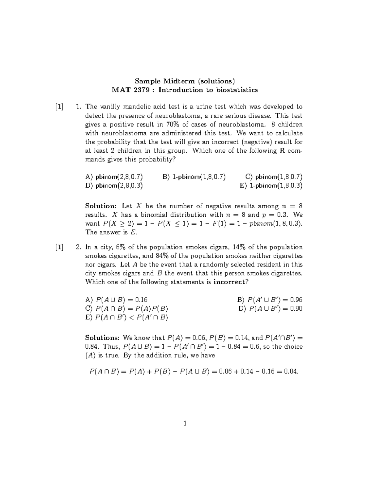 Sample Midterm Solutions for MAT 2379: Introduction to Biostatistics ...